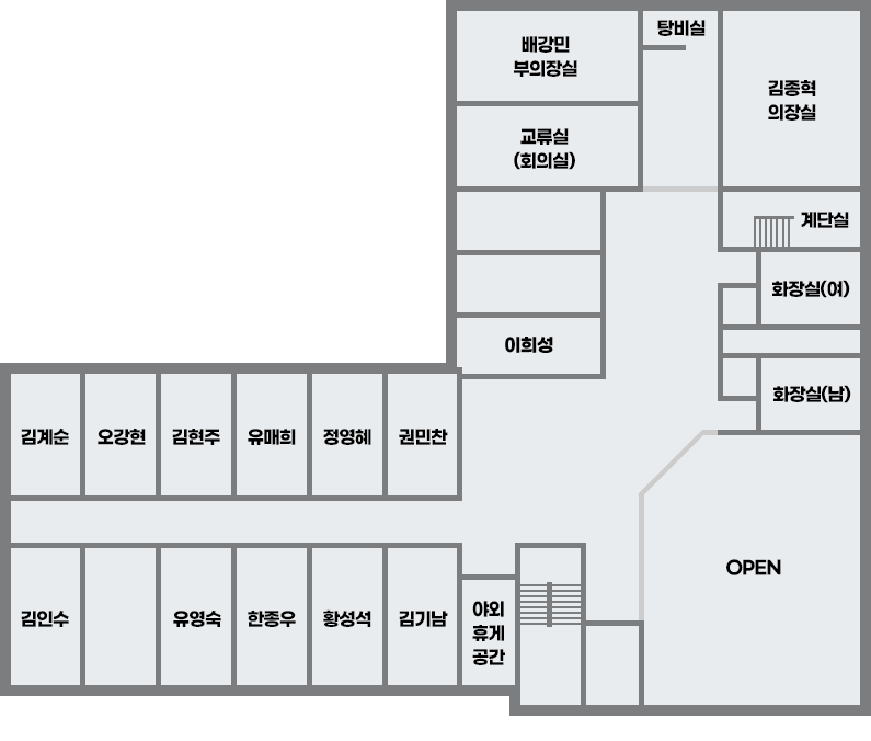 1.김계순 2.배강민 3.김현주 4.유매희 5.정영혜 6.권민찬 7.김종혁 8.유영숙 9.한종우 10.황성석 11.김기남 12.오강현 부의장실 13.교류실(회의실) 14.탕비실 15.김인수 의장실 16.야외휴게공간
